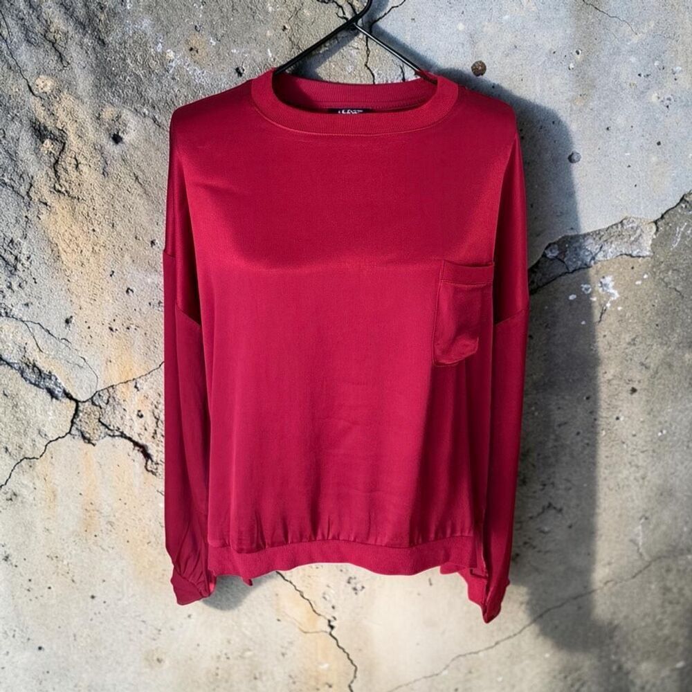 Fate Deep Red Satin Long Sleeve Pocket Top Keyhole Back Zip Women's Size L